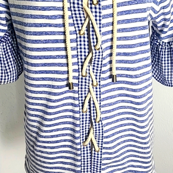Doe & Rae Blue & White Stripe & Gingham Check Lace-up Top Size Medium - Picture 7 of 9